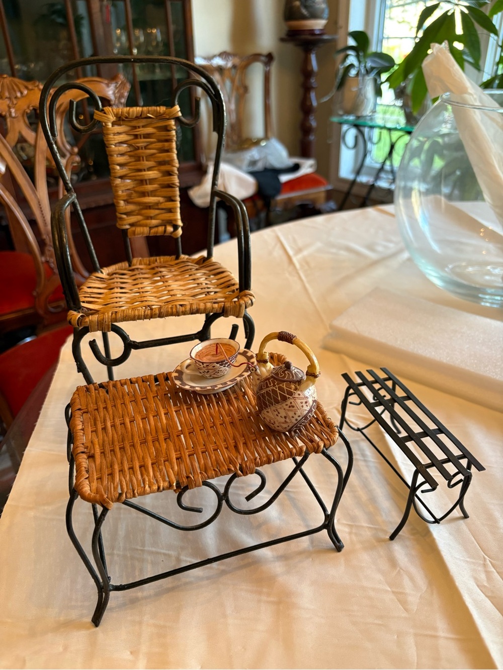 Vintage Miniature Tea Time Wicker and Iron Matching Set
